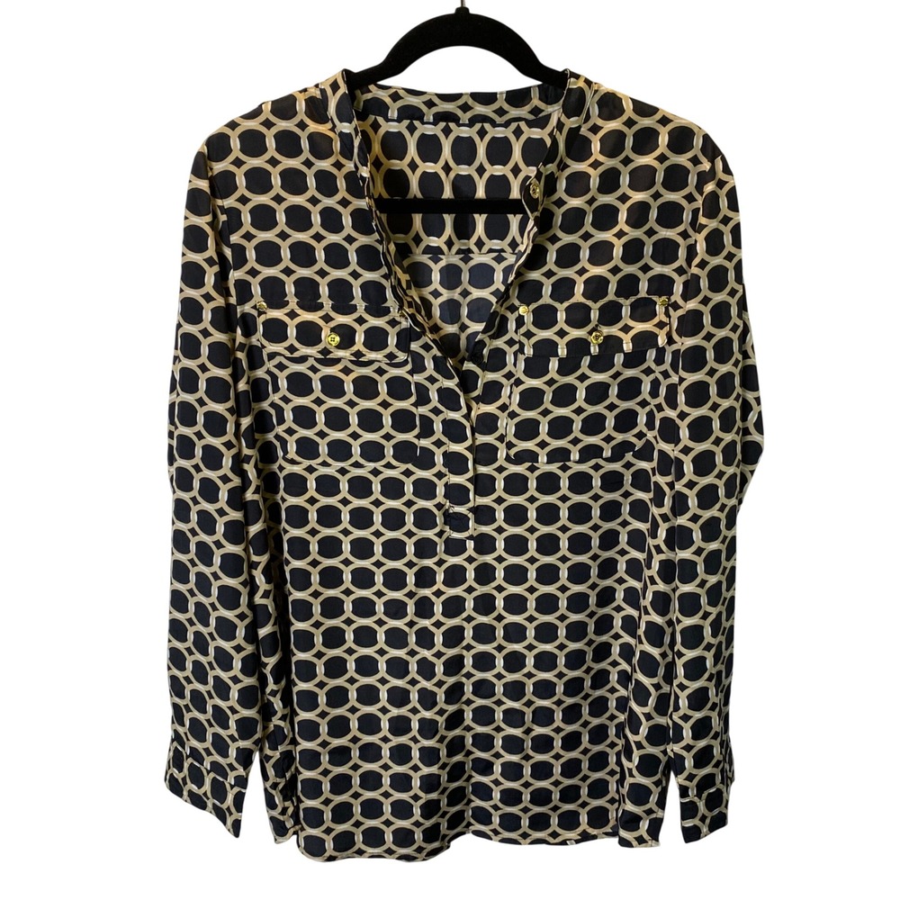 Michael Kors Blouse Women XL Black Tan Geometric Chain Link Long Sleeve Top Chic